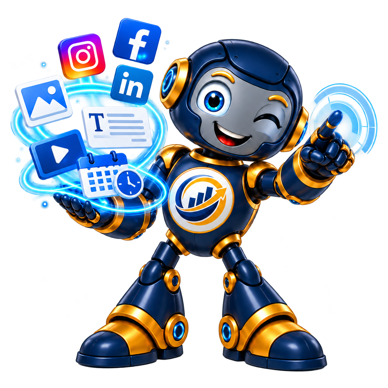 Mascote YBES Social IA com calendário e símbolos de redes sociais